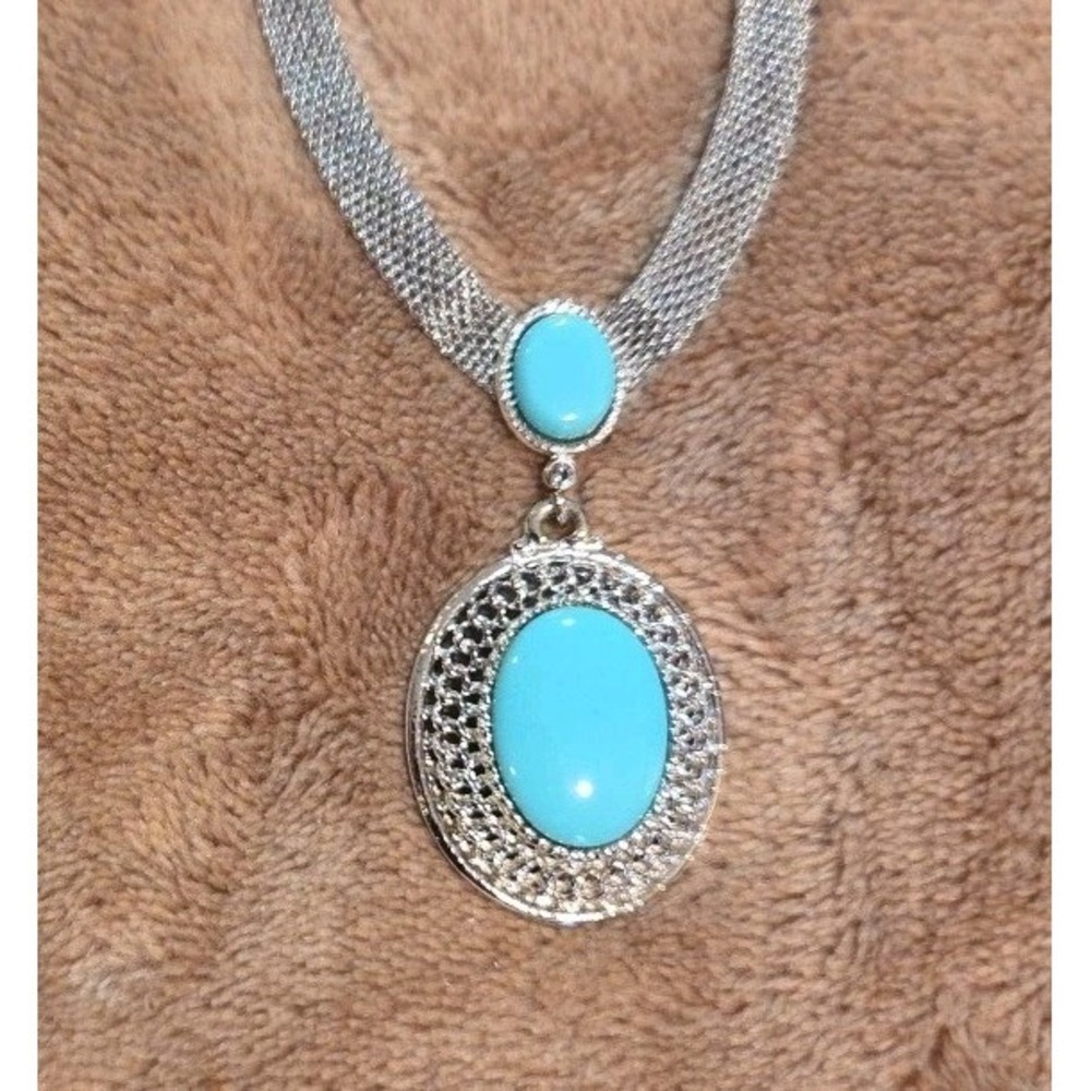 Park Lane Turquoise‎ Statement Necklace Silver Tone Mesh Chain Drop Pendant